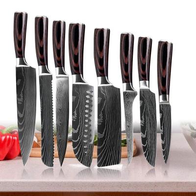 China Durable High Carbon Damascus Stainless Steel Laser Pattern Knife 8 Piece Kitchen Knives Sets 7CR17 Movements for sale