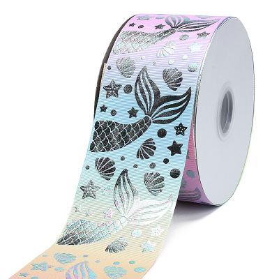 China Custom Print Christmas High Quality Viable 75mm 3 Inch Hot Foil Stamping Mermaid Ribbon for sale