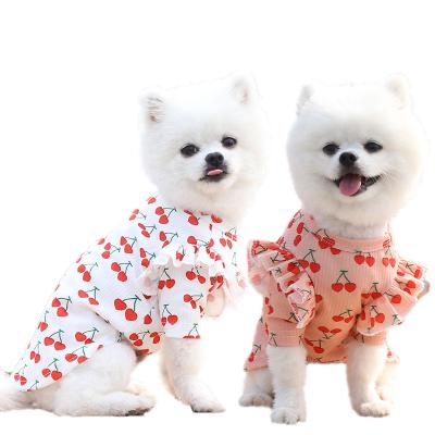 China Spring Stocked SummerPets Clothes 2021 New Cotton Cherry Printed Flying Dog Clothes Biped Pet Clothes for sale