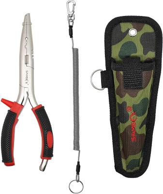 China SAMSFX Carbon Steel Fishing Pliers With Wrapped Lanyard And Camouflage Sheath 7 Inch Fishing Pliers for sale