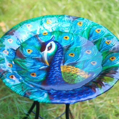 China Art Decor New Design Outdoor Bird Bath Bowl OEM Hand Painting Peacock Design Bird Glass Feeder for sale