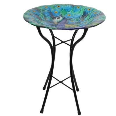 China New Hand Painted Viable Bird Bath Lovers Peacock Design Metal Stand Garden Decor Around Bird Bath for sale