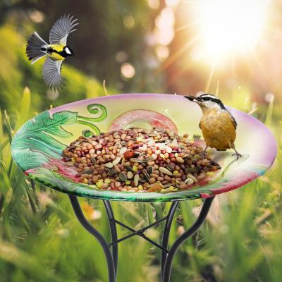 China Hot Selling Stocked 18 Inch Metal Stand Bird Bath Garden Design Flamingo Fused Glass Bird Bath for sale