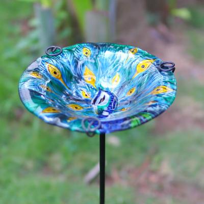 China Stocked Liffy OEM Bird Feeder Garden Decor Hand Painting With Iron Peacock Bird Feeder for sale