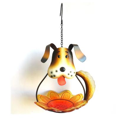 China Art Decor Liffy Garden Decor Attract Birds Pattern Cute Dog Idea Melted Tray Chain Hanging Metal Bird Glass Bath Feeder for sale