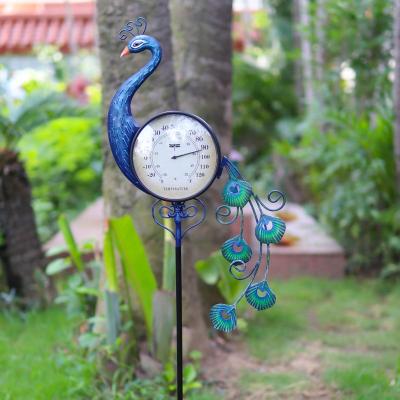 China Farmhouse Liffy Garden Decor Peacock Landscape Patio Decoration Metal Peacock Design Thermometer Garden Stake for sale