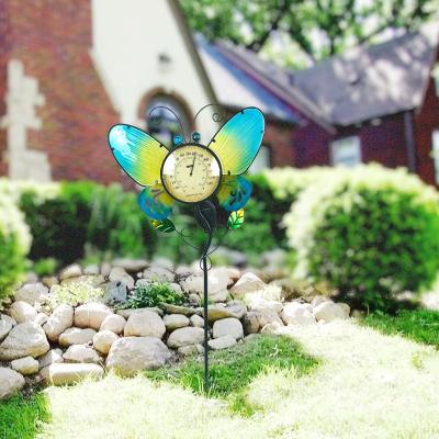 China Liffy Farm Decor OEM Outdoor Metal Garden Stake New Butterfly Thermometer Solar Garden Stake for sale