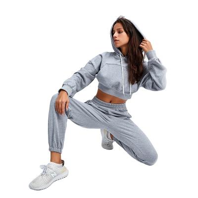 China Wholesale Custom Solid Color Women Logo Sleeve Sweatshirt Sweatpants Top Set Of Breathable Set Crop Drawstring Sports Hoodie Long Hat for sale