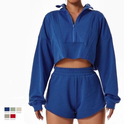 China Factory Outlet Cotton Breathable Custom Loose Tracksuits Ladies Long Sleeve Outdoor Shorts Hoodie Set With Zipper Collar for sale