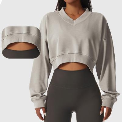 China Custom logo casual V-neck anti-pilling sports sweatshirts loose long sleeve pullover crop tops hoodies yoga tops for sale