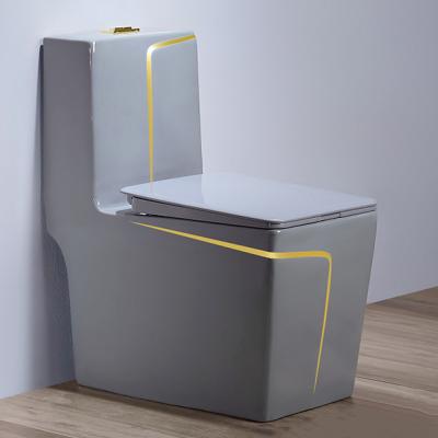 China Double-Flow Gold Floor Ceramic Line Plated Square One Piece Toilet Matt Gray Gray Gold One Piece Toilet Luxury Bathroom Dresser WC for sale