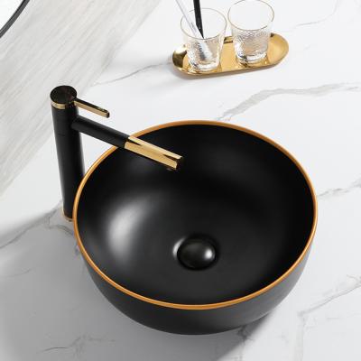 China Modern Clean Easy Lavatory Art Luxury Ceramic Basin Round Matte Black Gold Wash Basin Countertops Bathroom Sinks for sale