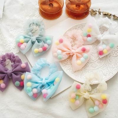 China New Fashion Cute Soft Cute Hair Bow Hair Scrunchies Organza Hair Rope Lace Pompom Hair Scrunchies For Girls for sale