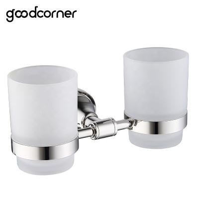 China 2022 Modern New Design Double Toothbrush Holder With Glass Cup for sale