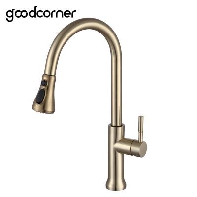 China Pull Out Spray Brushed Stainless Steel Gold Pull Down Sink Hot And Cold Kitchen Sink Faucet Mixer for sale