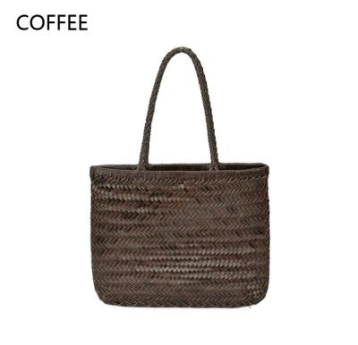 China Lady High Quality Genuine Leather Tote Bag Vintage Weaving Leather Handmade Woven Handbags Large Shoulder Bags for sale