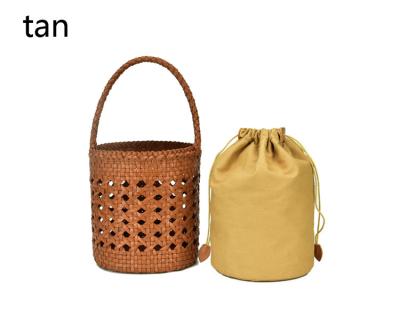 China Fashion 2019 High Quality Ladies Bucket Bag Genuine Leather Woven Hollow Handmade Leather Handbags for sale