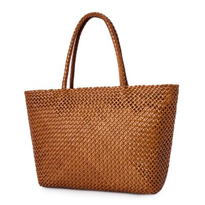 China Other New Designer Hollow Out Hand Woven Tote Bags Genuine Leather Handmade Large Basket Handbags Women Shopper Bags for sale