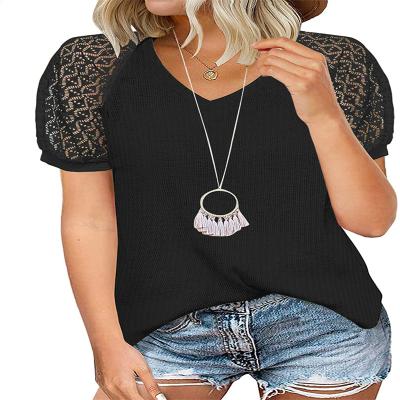 China Custom High Quality Anti-Wrinkle And Waffle Summer New Spring Lace Up V-Neck Splice Short Sleeve Pullover Plus Size Tops Women's T-shirts for sale