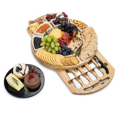 China Sustainable Custom Made Multifunctional Bamboo Round Cheese Rotary Cheese Wooden Deli Board Set for sale