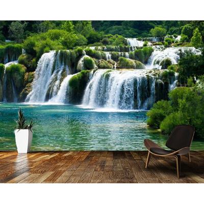 China Forest Waterfall Wallpaper Wooden Bridge Nature Scenery 3D Modern Removable Wallpaper, Living Room TV Wall Bedroom Dining Room Mural for sale