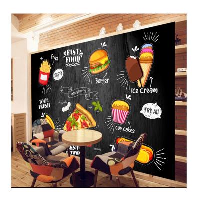 China KOMNNI fast food pizza burgers restaurant black background wall wallpaper 3D modern custom mural hamburger snack bar western fast food wallpaper for sale