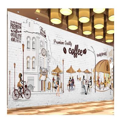 China Modern Hand Drawn Industrial Wall Decor Coffee Shop Cafe Scene Cartoon KOMNNI Mural Wallpaper Background for sale