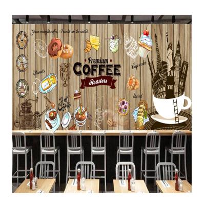 China Modern KOMNNI European and American wood grain retro cafe decor wallpaper industrial cafe dessert cake shop background wallpaper for sale