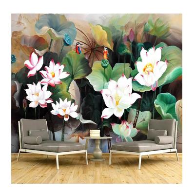 China KOMNNI Hand Painted Modern Lotus Wallpaper Living Room Background Wall Painting 3d Home Decoration Modern Custom Painting for sale