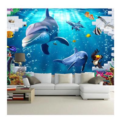 China KOMNNI World Custom Modern Blue Underwater Dolphin Fish Coral 3D Photo Wallpaper For Kids Room Bedroom Living Room TV Background Decor for sale