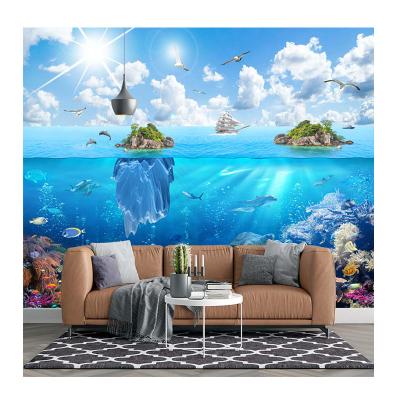 China Custom Modern KOMNNI Island Landscape Wallpaper, Marine Animals World Cartoon Mural Living Room Underwater Bedroom Home Decor for sale