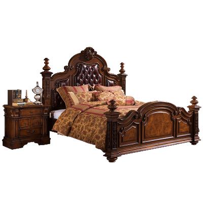 China Wood carved American classic style leather bed bedroom wedding bed set luxurious European retro solid wood carved double bed B501 for sale