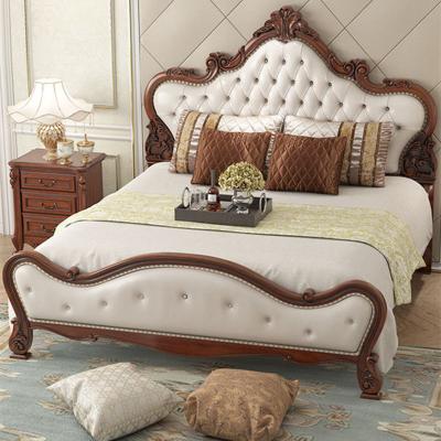 China Comfortable American Antique Solid Wood Soft Leather Double Bed With Handmade Carving B442 for sale