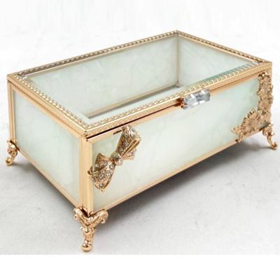 China Classic Elegant Luxury Rectangle Glass Jewelry Box Gold Vintage Trinket Box Decorative Polygonal Copper Geometric Jewelry Box for sale