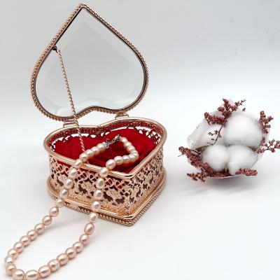 China Classic Elegant Luxury Eco-friendly Metal Crystal Glass Vanity Jewelry Trinket Vintage Glass Jewelry Box Ring Stained Glass Box Gold Preserved Flower for sale