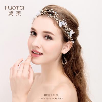 China Wholesale Fashionable Wedding Jewelry Hair Accessories Crown Crystal Pearl Gold Leaf Princess Bridal Headband for sale