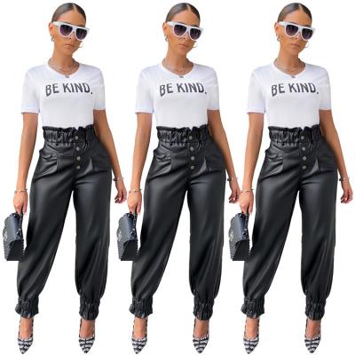 China Others Other High Quality PU Leather Long Pants Waist Women Solid Color Loose Pants Street Casual Wear for sale