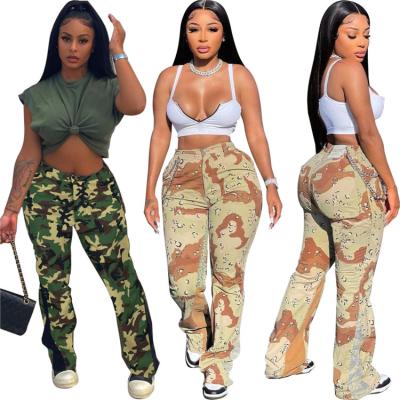 China Others Others Latest Designs Womens Casual Pants Army Green Patchwork Long Flare Pants Plus Size Pants for sale