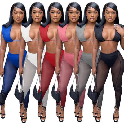 China Others Other Women Summer Set Sexy Two-piece Sleeveless Crop Top Sheer Mesh Patchwork Bandage Pants Club Wear for sale