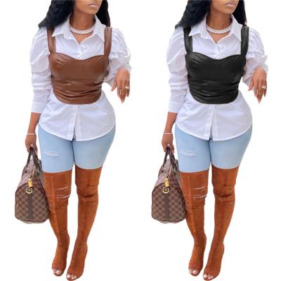 China Vintage Anti Wrinkle PU Tank Tops Summer Leather Sleeveless Ladies Strap Tops Casual Crop Top for sale