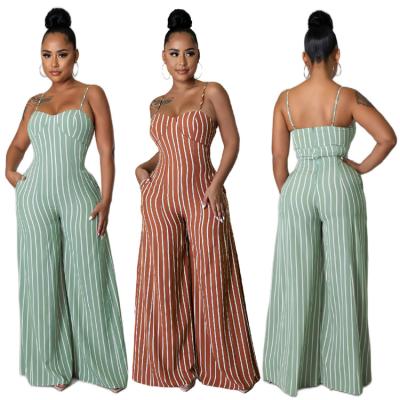 China 2022 Summer Female Daily Suspender Breathable One Piece Rompers Stripe Print Long Wide Leg Pants Plus Size Overalls for sale