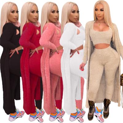 China 2021 Winter Anti-Wrinkle 3 PCS Fits Women Ladies Outwear Long Main Cardigan Plush Tank Three Piece Pants Set for sale