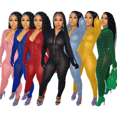 China Overall Popular Anti-Wrinkle Mesh Club Women One Piece Ladies Rompers Bodycon Solid Color Long Sleeve for sale