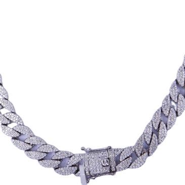 China Hiphop Micro Pave AAA CZ Iced Out 14K White Gold Cuban Link Hip Hop Chain Jewelry for sale