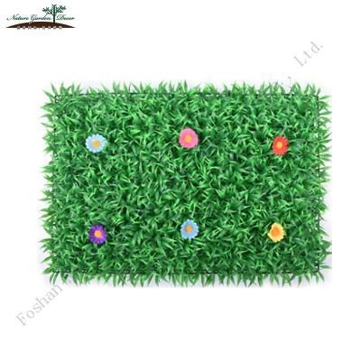 China Environmental Friendly Indoor Home Decor Panel Artificial Green Grass With Flowers Wall Fake Grass for sale