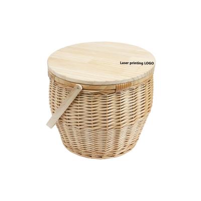 China Customized Transitional Size Color OEM Insulated Picnic Basket With A Foldable Wooden Lid , Round Rattan Beach Woven Picnic Cooler Basket for sale