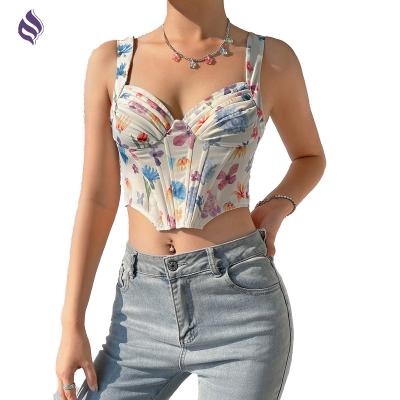 China Low MOQ Women Anti-pilling Fishbone Print Corset Manufacturer Multicolor Casual Tank Tops Satin Corset Tops Floral Ruffle Cropped Bustiers for sale