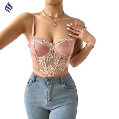 China Low MOQ Anti-pilling Sheer Camisole Top Fishbone Lace Mesh Print Casual Women's Corset Bustiers Tops for sale