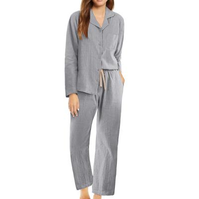 China 2023 Breathable Women Two Piece Pajamas Set Cotton Loungewear Canvas Button Down Night Suit Long Sleeve Pj Set With Pocket for sale