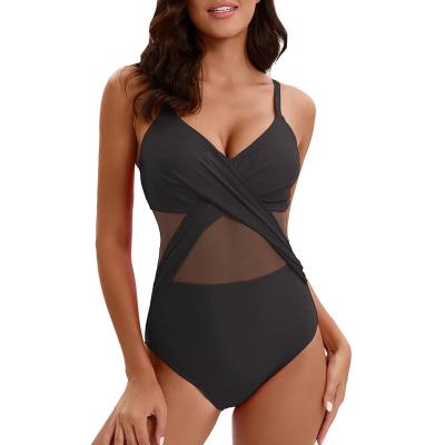 China 2023 Antibacterial Front Cross Mesh Ruched Monokini Swimwear V-Neckline One Piece Swimsuit For Women for sale